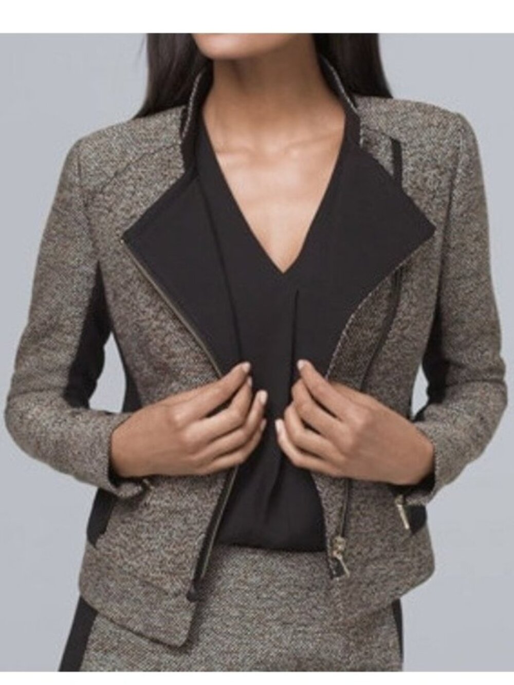 White House Black Market Blazer 2 Brown Boucle Tweed Asymmetrical Moto Jacket